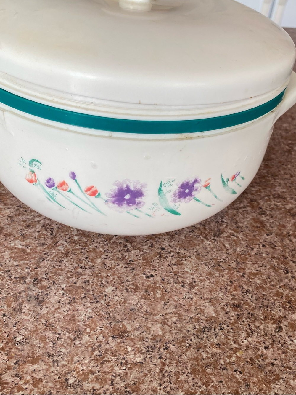 White Plastic Serving Bowl with Teal Accent and Floral Design